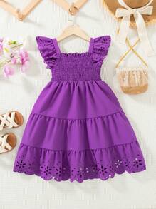 SHEIN Young Girl Casual Solid Color Hollow-Out Purple Dress Sundress, Summer