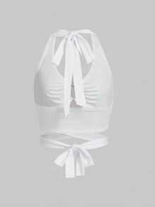 ROMWE Kawaii 夏季海滩度假休闲露背白色纯色细肩带心形扣系带吊带背心女式背心