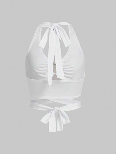 Kawaii Camiseta sin espalda con tirantes tipo espagueti, color blanco liso, hebilla en forma de corazón y atadura para mujer, ideal para el verano y las vacaciones en la playa