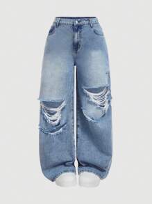 SHEIN MOD Plus Size Women Casual Loose Fit Distressed Wide Leg Denim Jeans, Blue Summer,Vacation Outfits Woman,Easter,Spring,Western,Office Outfits For Women,Rave Outfits,Baby Shower Dress,Cottagecore,Country Outfits Women,Old Money Style Women,Going Out Outfits,Coquette,Festival Outfits,Rodeo Outfit,Airport Outfit For Women,Kpop,Tropical Vacation Woman Clothes,Nashville Outfits,European Summer,Concert,Cowgirl Outfit,Graduation Outfit,Elegant,Resort Wear Women,Business Casual Woman,Western Wear Women,Y2k Clothe,Y2k Clothes,Old Money Style Women,Holiday,Church Clothes Women,Airport Outfit For Women/Airport Outfit Baggy Jeans Flowy Pants