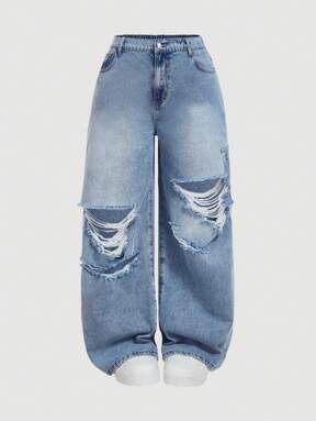 SHEIN MOD Plus Size Women Casual Loose Fit Distressed Wide Leg Jeans, Blue Summer,Vacation,Easter,Spring,Western,Office,Rave,Cottagecore,Country,Old Money Style Women,Going Out,,Festival,Rodeo,Airport,Kpop,Tropical Vacation,Nashville,European Summer,Concert,Cowgirl,Graduation,Elegant,Resort Wear Women,Business Casual Woman,Western Wear Women,Y2k,Y2k,Old Money Style Women,Holiday,Church,Airport /Airport Baggy Jeans