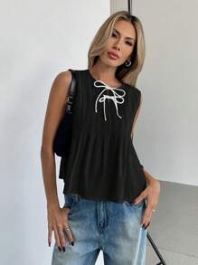 SHEIN Essnce Women's Casual Black Tie Neck Sleeveless Woven Fabric Tank Top With Pleated Details And A Regular Hem