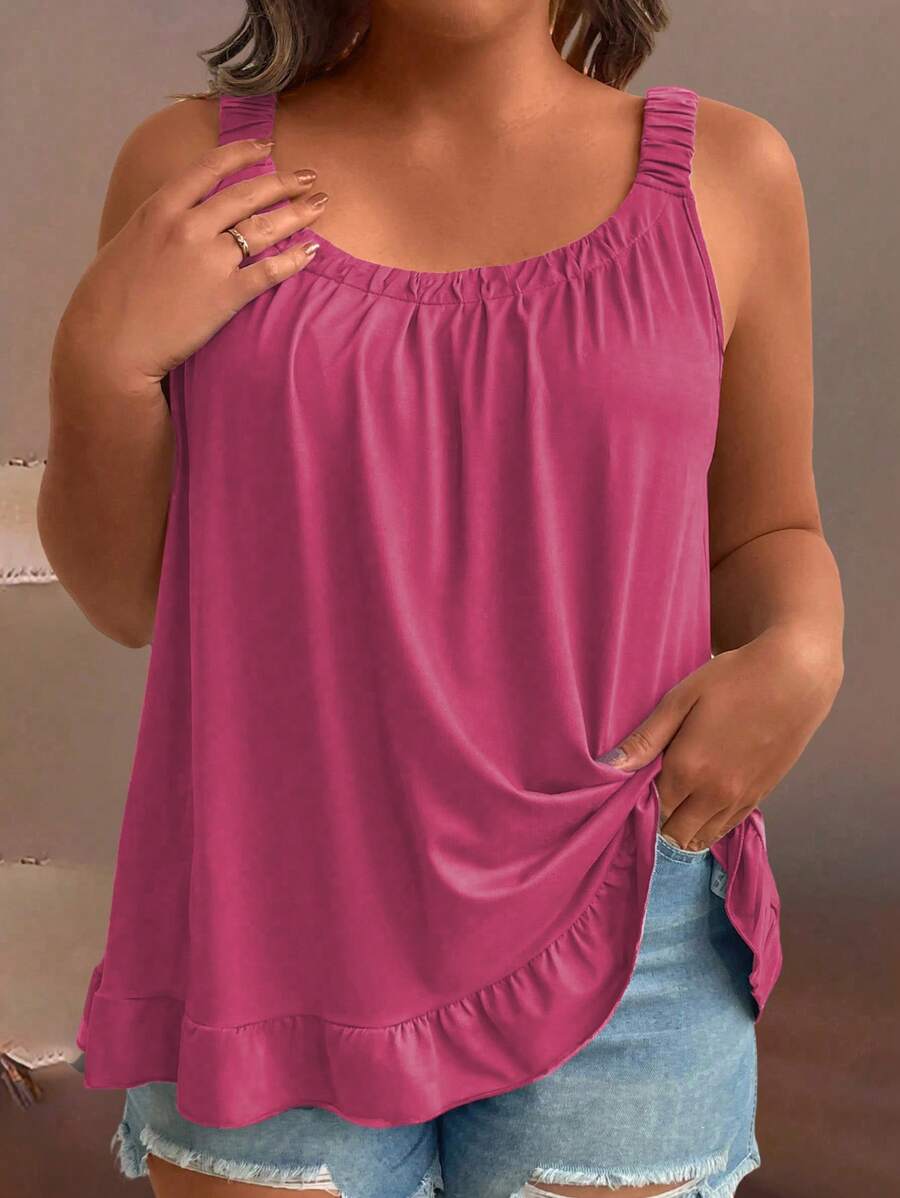 EMERY ROSE Plus Size Solid Color Minimalist Camisole Top, Suitable For Summer - Hot Pink - View 1