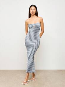 AiiRZ 扭纹抹胸长款修身连衣裙针织弹力罗纹海滩度假夏季条纹连衣裙