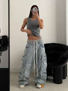 StreetHx Streetwear Women Spring/Summer Solid Color Distressed Washed Vintage Tank Top - Grey - View 4