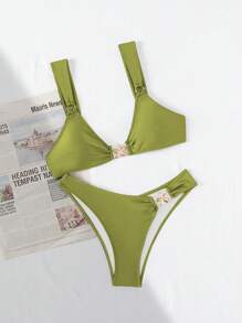 SHEIN Swim Conjunto de bikini de 2 piezas con diseño de estrella de mar, unicolor, espalda descubierta, para vacaciones primavera/verano, sexy - Verde - Ver 7