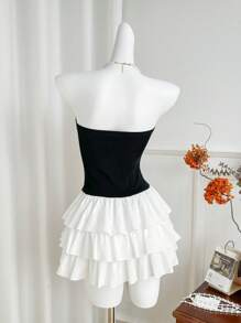 SHEIN PETITE Women's Autumn Cropped Leopard Print Patchwork Layered Ruffle Trim Fitted Mini Dress - Black and White - View 2