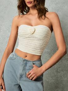 Poéselle Women's Elegant Cream White 3D Floral Decorated Sleeveless Summer Cropped Camisole Top,Dining Beach Vacation Off The Shoulder Y2k Tops - Apricot - View 4