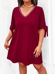 SHEIN LUNE Abito a pieghe con spalline annodate e decorazione di perle, adatto a donne taglia curvy, elegante e snellente per uso quotidiano