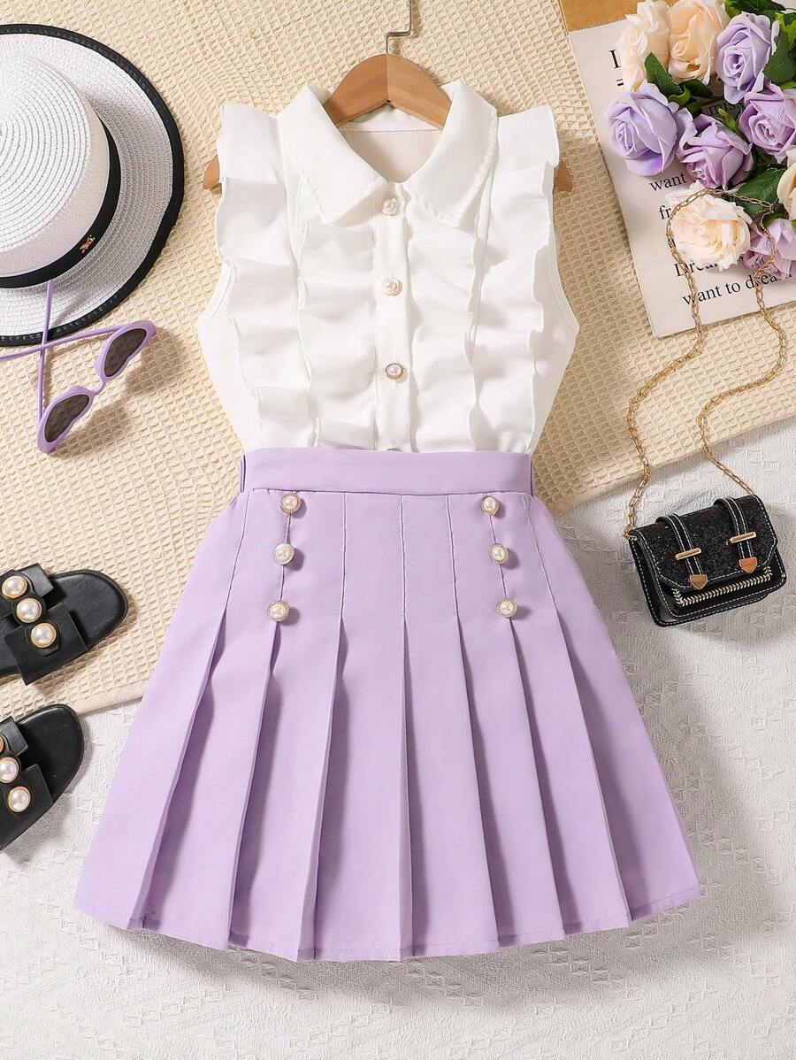 Tween Girls Ruffle Front Button Sleeveless Shirt & Contrast Pleated Skirt Outfit - Violet Purple - View 1