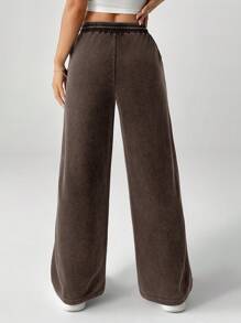 SHEIN PETITE Snow-Washed Women's Drawstring Wide Leg Sweatpants - Brown - View 2