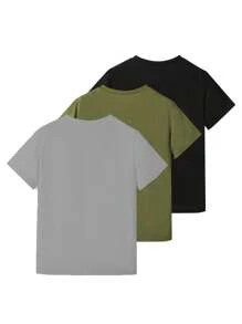 SHEIN 3pcs Tween Boy Crew Neck Short Sleeve T-Shirts With Label Decoration, Spring & Summer, School, Campus, College - Army Green - View 2