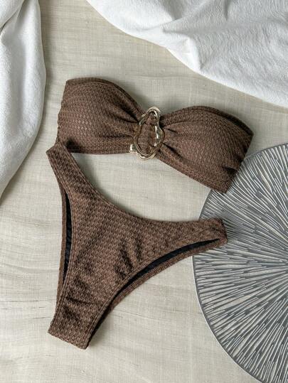 Swim Chiccia 2 Pcs Knitted Jacquard Underwire-Free Metal Decor Bandeau Top And Shorts Beach Bikini Set For Women, Summer Vacation