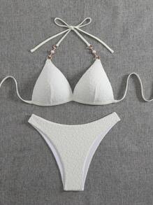 SHEIN Swim Women's Solid Color Halter Bikini Set, Minimalist And Fashionable For Casual Daily Wear, For Summer Beach Vacation