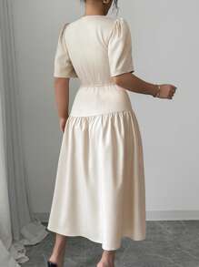 Celure Abito lungo da donna elegante e casual per primavera/estate, stile francese chic, adatto per lavoro, vacanza e occasioni formali, con scollo quadrato, drappeggio, in colore unito