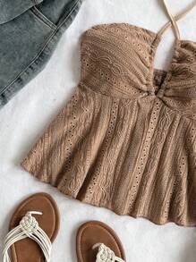 Soleia Women's Brown Textured V-Neck Casual Halter Neck Vacation Top