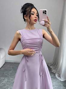 Modelyn Robe femme sans manches de couleur unie avec cordon de serrage froissé - Prune - Voir 5