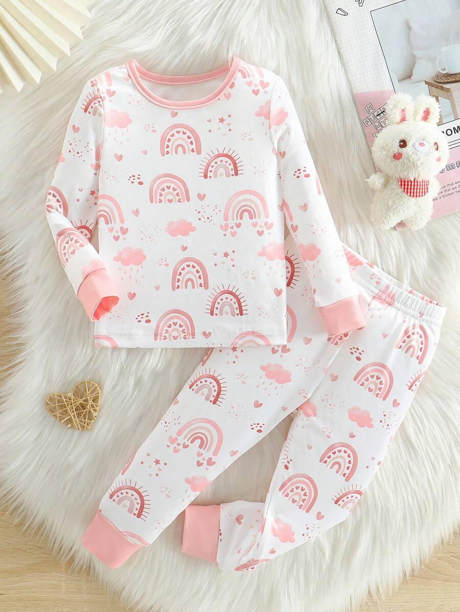 SHEIN 2 件装女婴彩虹熊印花贴身长袖上衣和裤子家居服套装