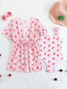 1 套少女热带椰子树印花连体泳衣 + 罩衫 - 彩色 - 查看 1