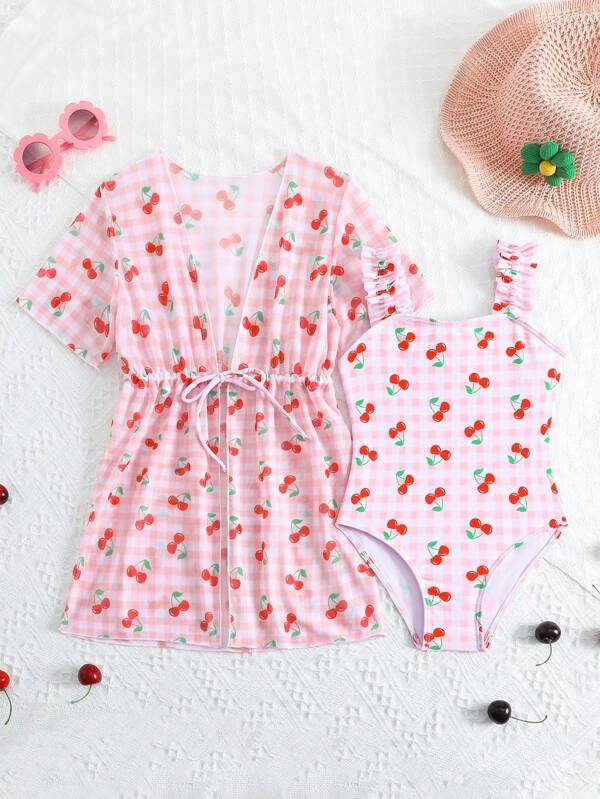 1 Set Young Girl Tropical Coconut Tree Print One-Piece Swimsuit + Cover Up