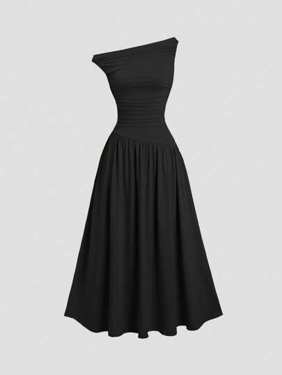 Sweetra Women's Blue Elegant Commuter Fitted Long Dress With Neckline Pleats, Sleeveless, Suitable For Summer And Spring