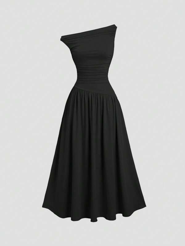 Sweetra Women's Blue Elegant Commuter Fitted Long Dress With Neckline Pleats, Sleeveless, Suitable For Summer And Spring