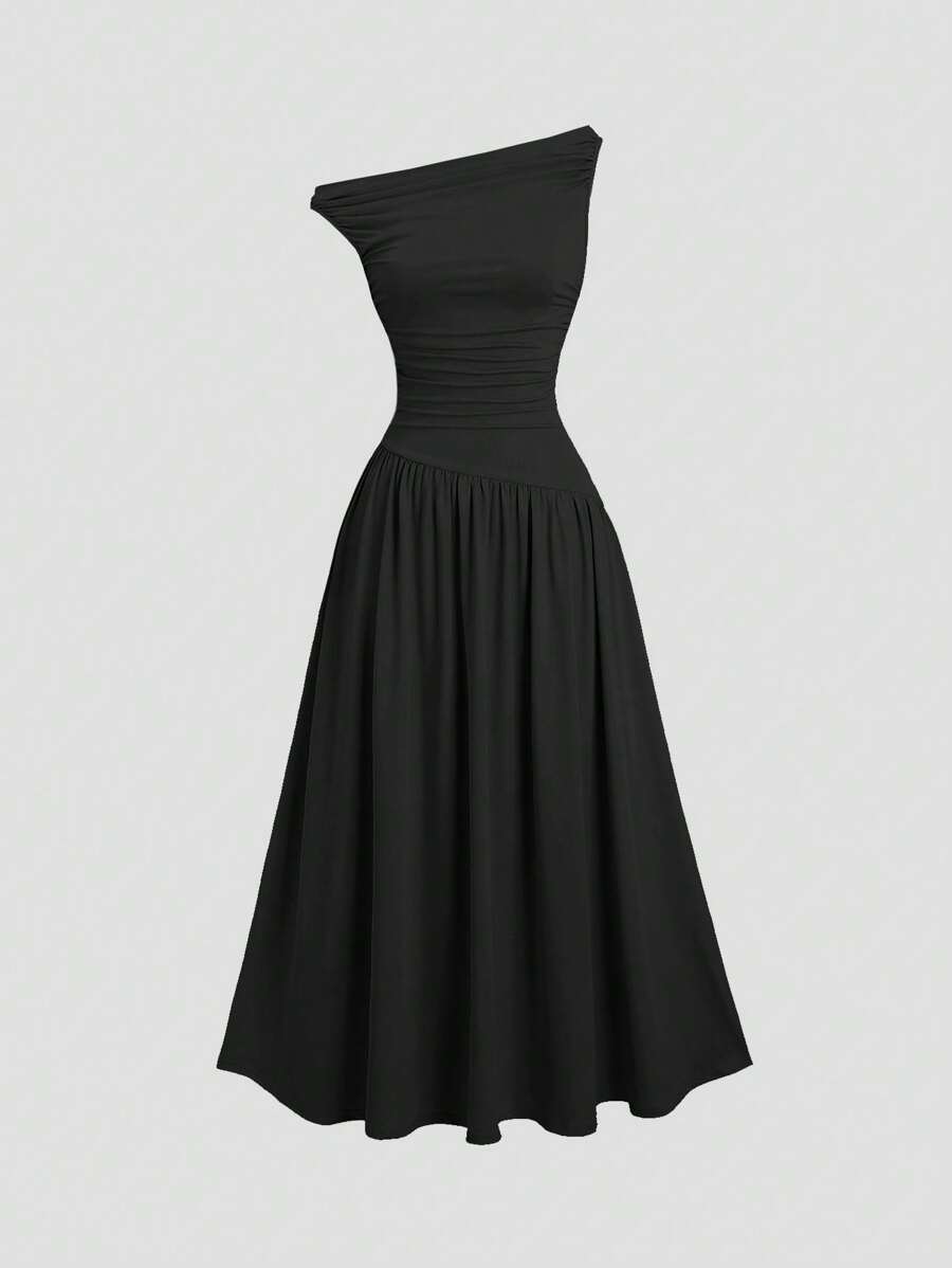 Sweetra Women's Blue Elegant Commuter Fitted Long Dress With Neckline Pleats, Sleeveless, Suitable For Summer And Spring - Black - View 1