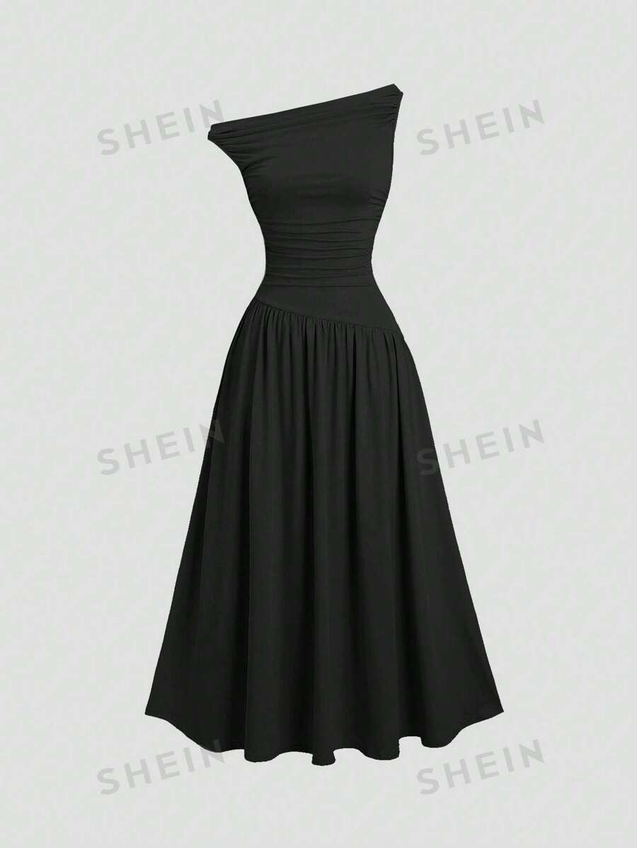 Sweetra Vestido largo elegante y ajustado de color azul para uso diario con pliegues en el escote, sin mangas, adecuado para verano y primavera - Negro - Ver 1