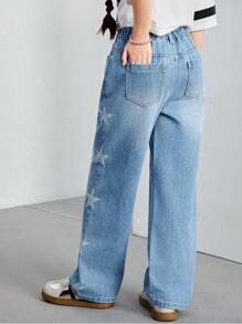 Denimly Girls' Fashion Casual Star Print Adjustable Waist Zipper Fly Washed Denim Jeans - Medium Wash - View 2