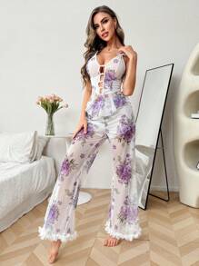 SHEIN Conjunto de pijama de camiseta de tirantes con estampado floral de decoración con diamante en forma de corazón y pantalones para vacaciones
