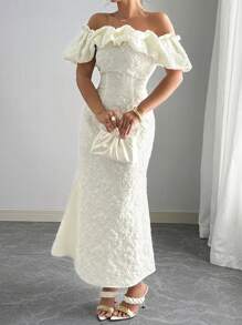 SHEIN Unity Plus Size Off Shoulder Jacquard Textured Ruffle Hem Fishtail Dress, Elegant Evening Gown - Beige - View 5