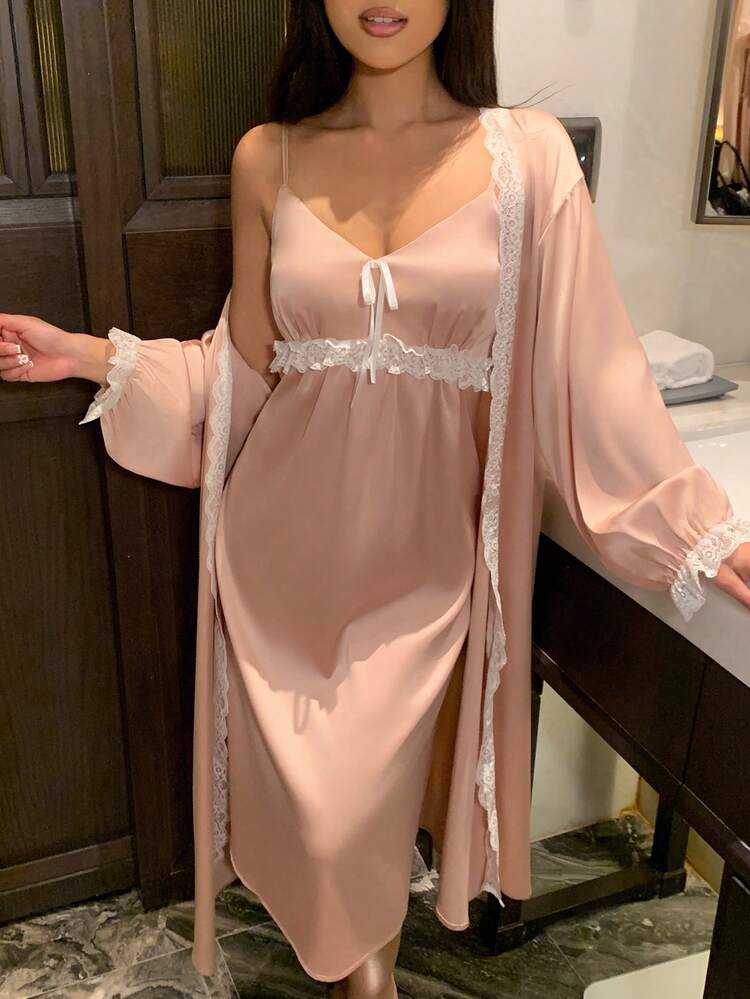 Satin Lace Patchwork Robe & Slip Dress 2 Pieces Sleepwear Set For Women Pajama