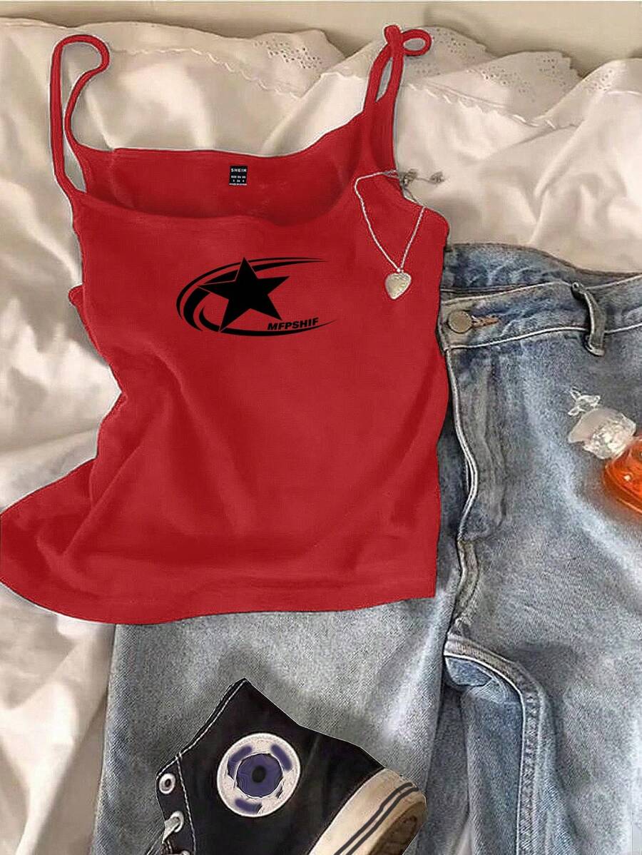 Attitoon Áo ba lỗ họa tiết ngôi sao năm cánh màu đỏ gợi cảm dành cho nữ, dáng thường ngày cho mùa hè - Đỏ - Xem 1