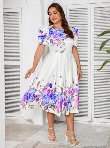 SHEIN Clasi Plus Size Elegant Floral Print Gigot Sleeve Dress For Summer - Blue - View 4