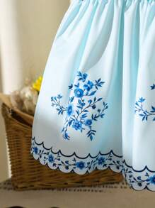 SHEIN Baby Girl Infant Toddler, 0-3 Years Old, Blue & White Elegant Vacation Puff Sleeve Dress, Spring/Summer - Blue - View 5