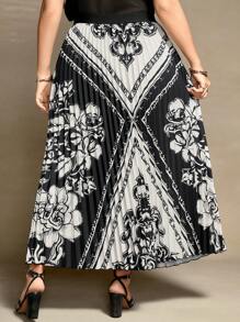 SHEIN LUNE Plus Size Women's High Waist Floral Pleated Midi A-Line Skirt, Summer Fall Cloth For Women - Multicolor - View 2