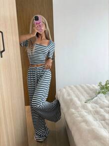 SHEIN Women Casual Striped Print Short Sleeve & Pants Pajama Set  Cozy And Elegant Details - Blue - View 6