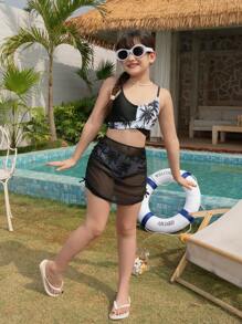 Cute Coconut Tree Print Girls Bikini Set, Highlighting Adorable & Tropical Style Swimwear - Multicolor - View 4