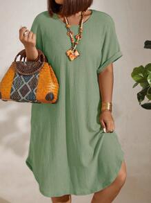 EMERY ROSE Vestido informal de talla grande de unicolor con mangas tipo murciélago - Verde - Ver 4