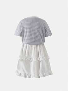 1pc Girls Casual Round Neck Short Sleeve Striped Loose T-Shirt & Elastic Waist Pompom Jacquard Cake Skirt Set, Perfect For Daily Wear