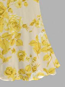 SHEIN MOD Vintage gelbes Blumen-Muster-Maxikleid mit drapiertem Ausschnitt für Frauen, französischer Sommerstil - Verschiedenfarbig - Übersicht 5