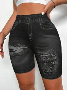 Zolique 夏季休闲牛仔效果印花紧身裤 - 黑色 - 查看 4