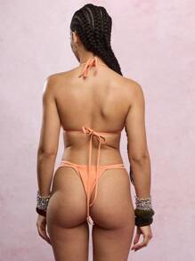 SUMWON WOMEN Scoop Neck Micro Bikini Set With Halter Straps, Brazilian Cut Bottom, Summer Beach Swimwear, Resort Wear, Two-Piece Bathing Suit - Orange - View 2