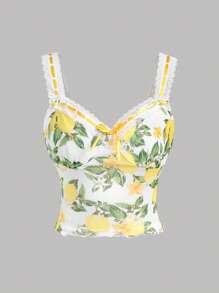 Girlism 少女黄色水果印花蝴蝶结蕾丝露背吊带背心，适合度假穿着 - 黃色 - 查看 1
