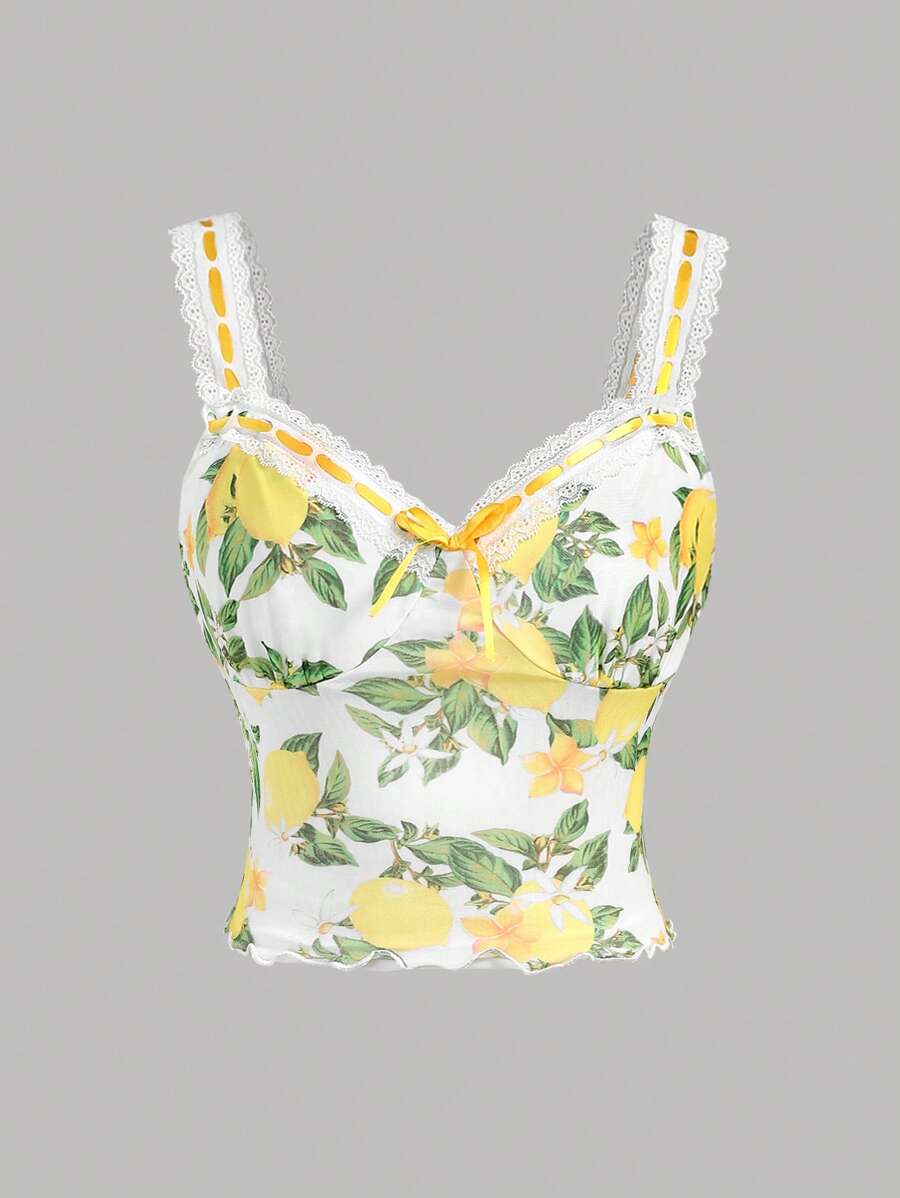 Girlism 少女黄色水果印花蝴蝶结蕾丝露背吊带背心，适合度假穿着 - 黃色 - 查看 1