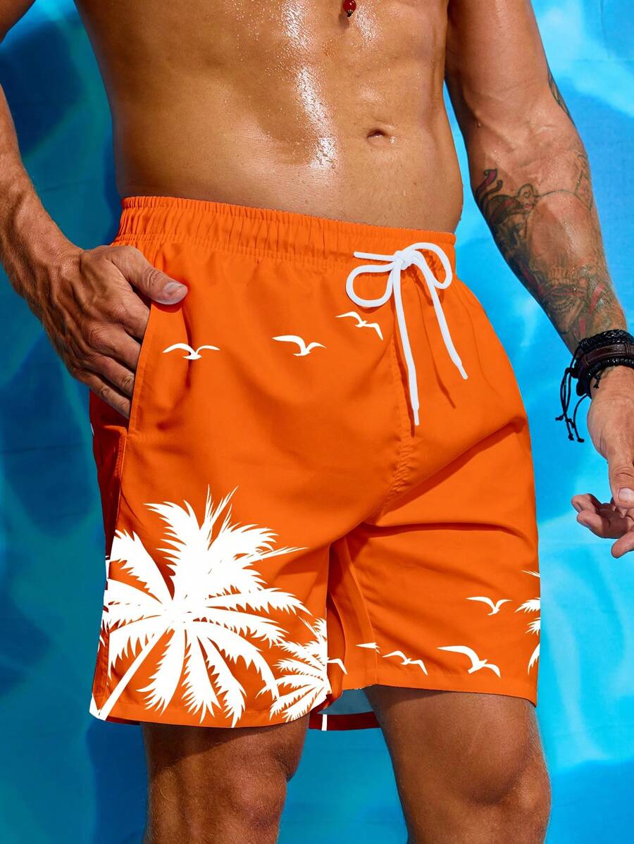 Surfspeed Men's Coconut Tree Print Drawstring Waist Beach Shorts, Casual,Hawaiian - Orange - View 1