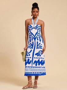 Travachic 女式印花挂脖式修身长裙 - 藍色 - 查看 3