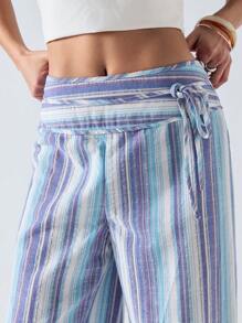 LYSMO Women's Striped Tie-Up Patchwork Long Pants