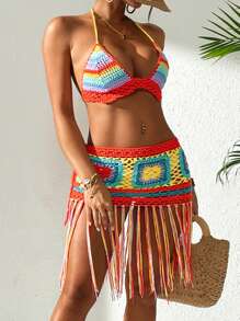 SHEIN Women's Beach Summer, Handmade Crochet Swimsuit Cover Up Top, Multi-Color - Multicolor - View 3