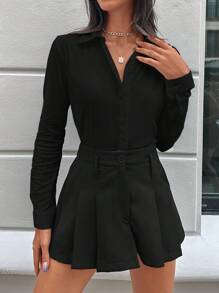 SHEIN Cottnline Solid Color Long Sleeve Button Up Shirt - Black - View 6